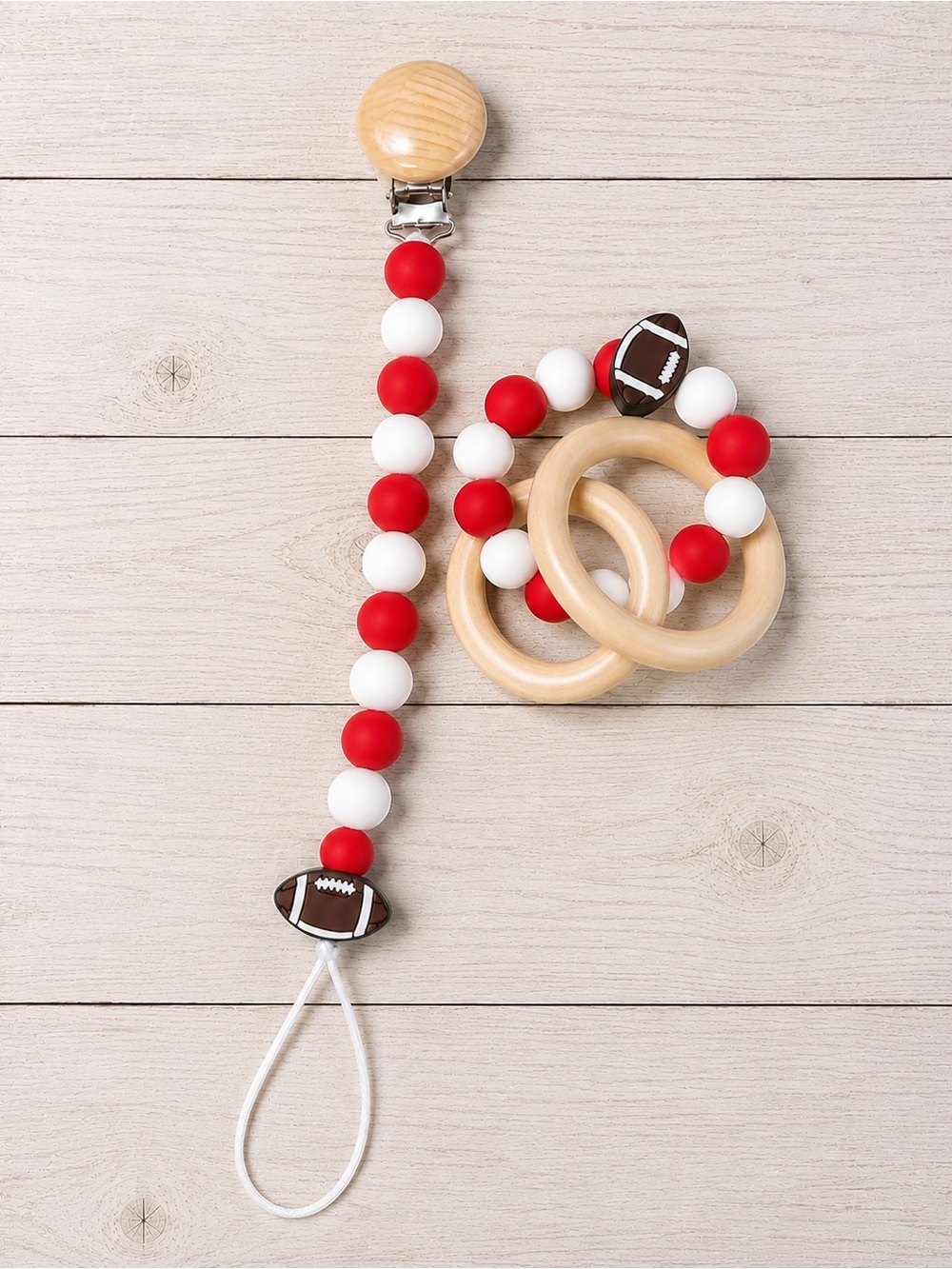 Huskers  Football Wooden Baby Teether & Pacifier Clip Set - Red and White